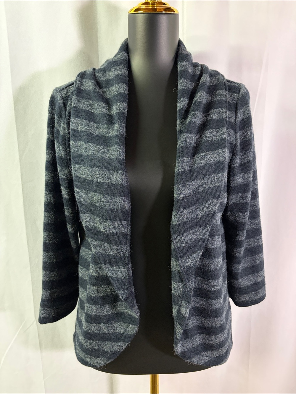 NWT LOFT Black & Gray Striped Fuzzy Knit 3/4 Sleeve Open Front Cardigan